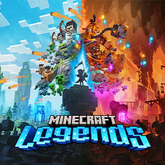 Un héroe se encuentra entre dos ejércitos enfrentados por encima de un texto que dice Minecraft Legends.