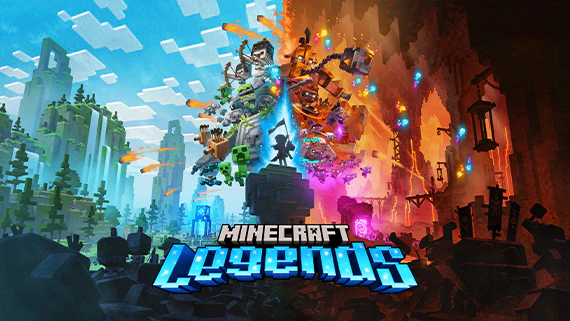 Un héroe se encuentra entre dos ejércitos enfrentados por encima de un texto que dice Minecraft Legends.