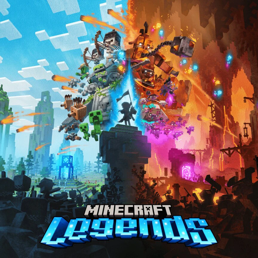 Un héroe se encuentra entre dos ejércitos enfrentados por encima de un texto que dice Minecraft Legends.