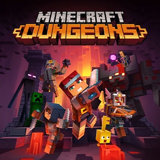 Cuatro héroes se enfrentan a una horda de monstruos en las profundidades de una cueva con un texto que dice: Minecraft Dungeons