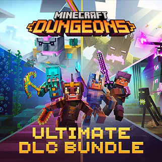 Cuatro héroes se preparan para luchar contra nuevos monstruos. El texto dice: Paquete de DLC de Minecraft Dungeons Ultimate